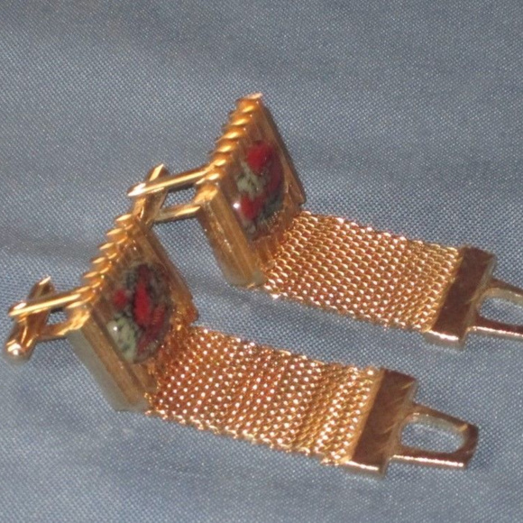 vintage gold green red marbled cab cufflinks - Picture 2 of 4